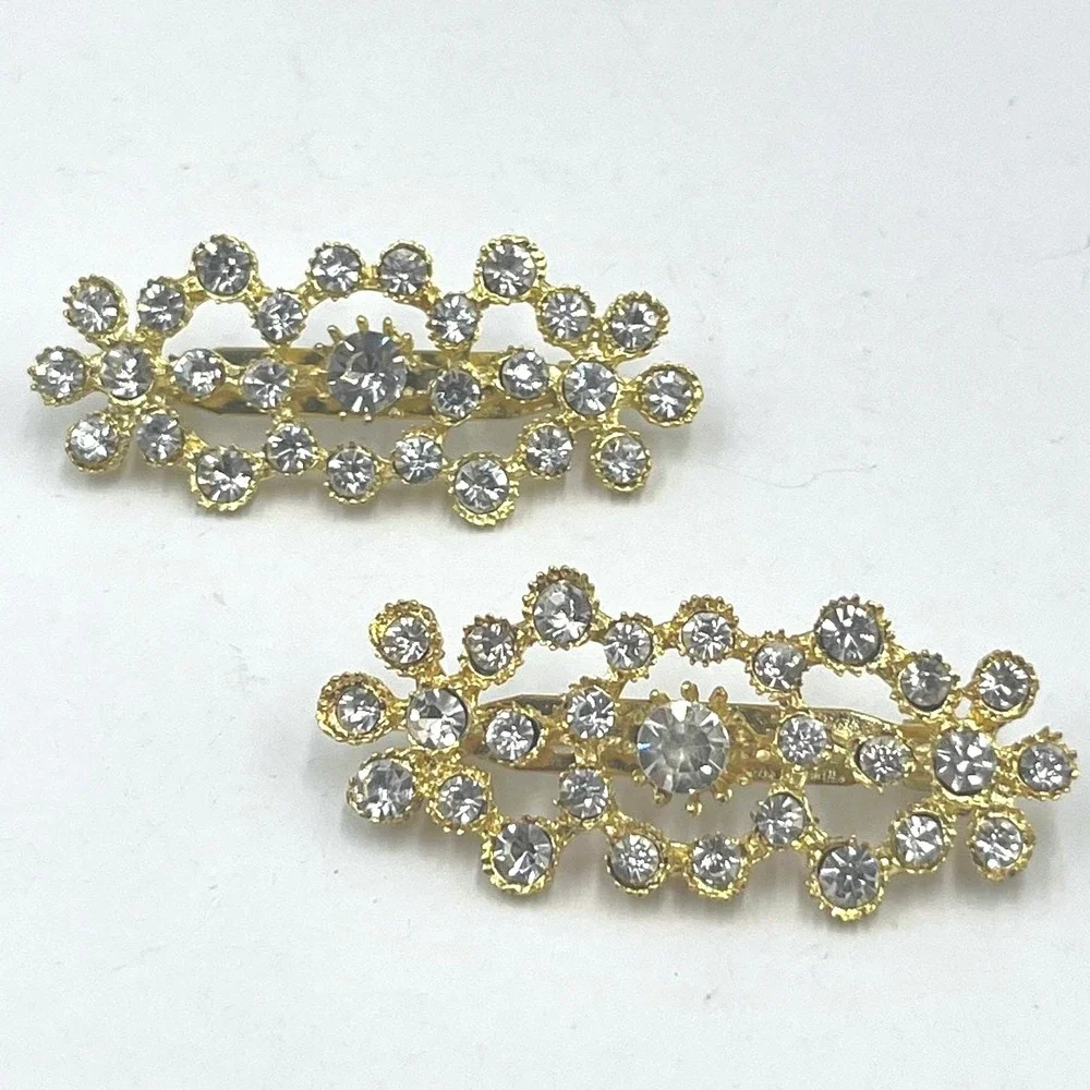 Vintage Gold Tone Rhinestone Brooch Pin Set of 2 Sparkly Crystal Classic Fashion